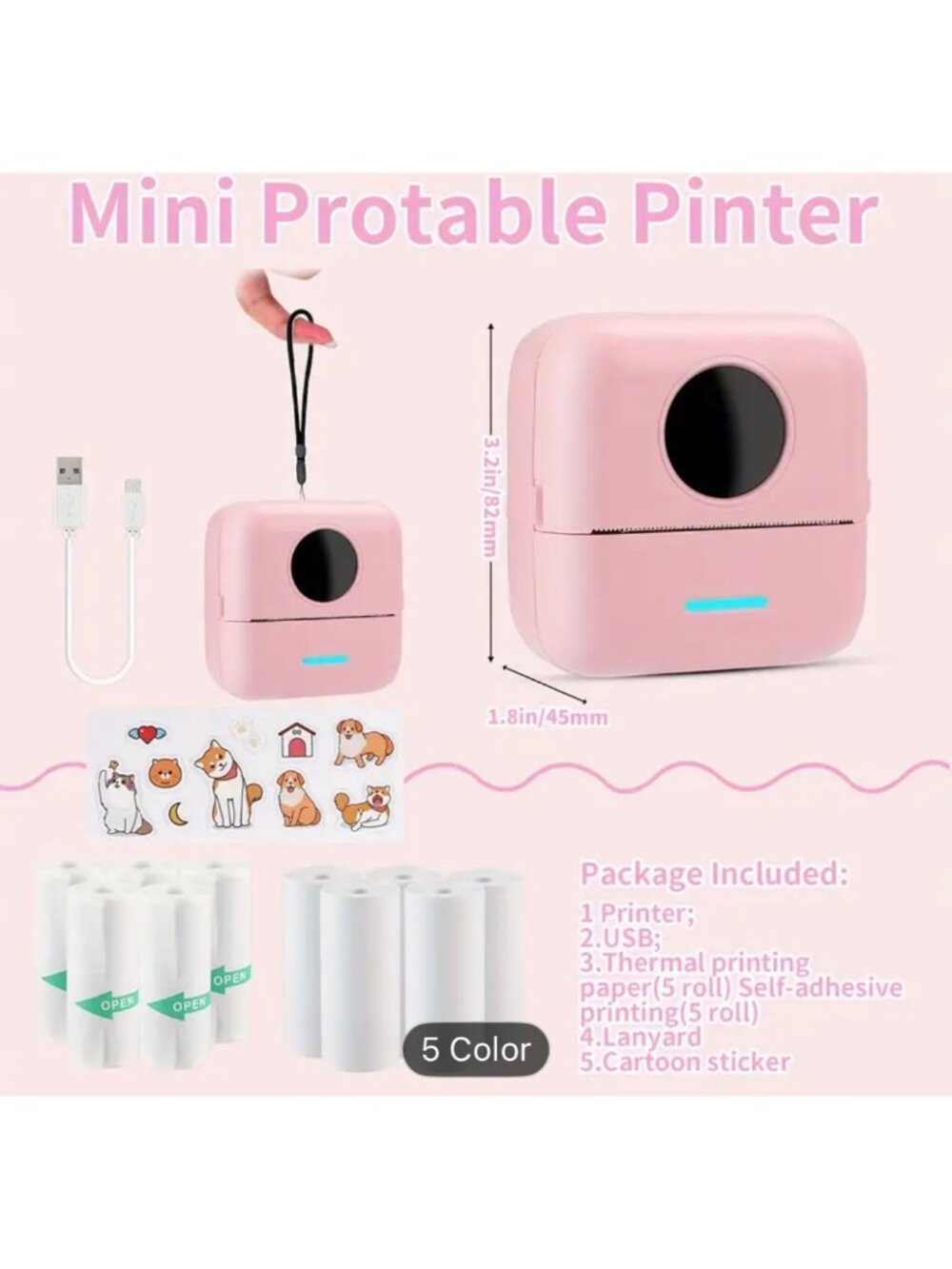 Mini Portable Thermal Printer With USB & Self-Adhesive Printing Rolls